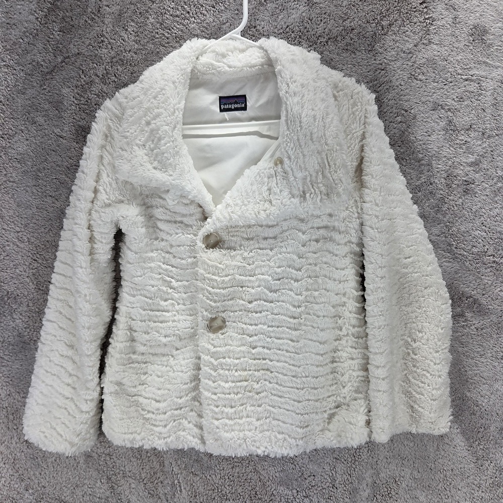 Patagonia Coat Kids 10-11 White Fleece Sherpa Lined Button Front Winter Cozy